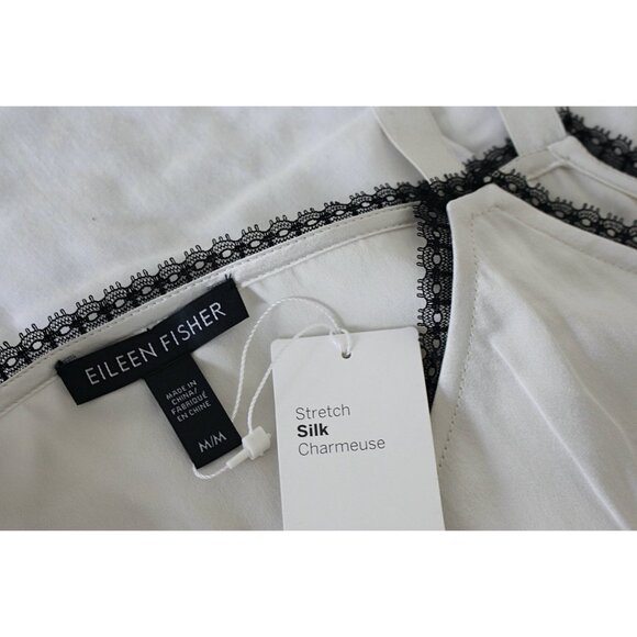 New w/Tags Eileen Fisher - Stretch Silk Charmeuse Lace Trim Cami, Bone, sz Med - Picture 2 of 9